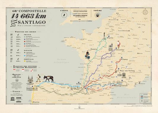Carte des chemins de Compostelle | France-Espagne